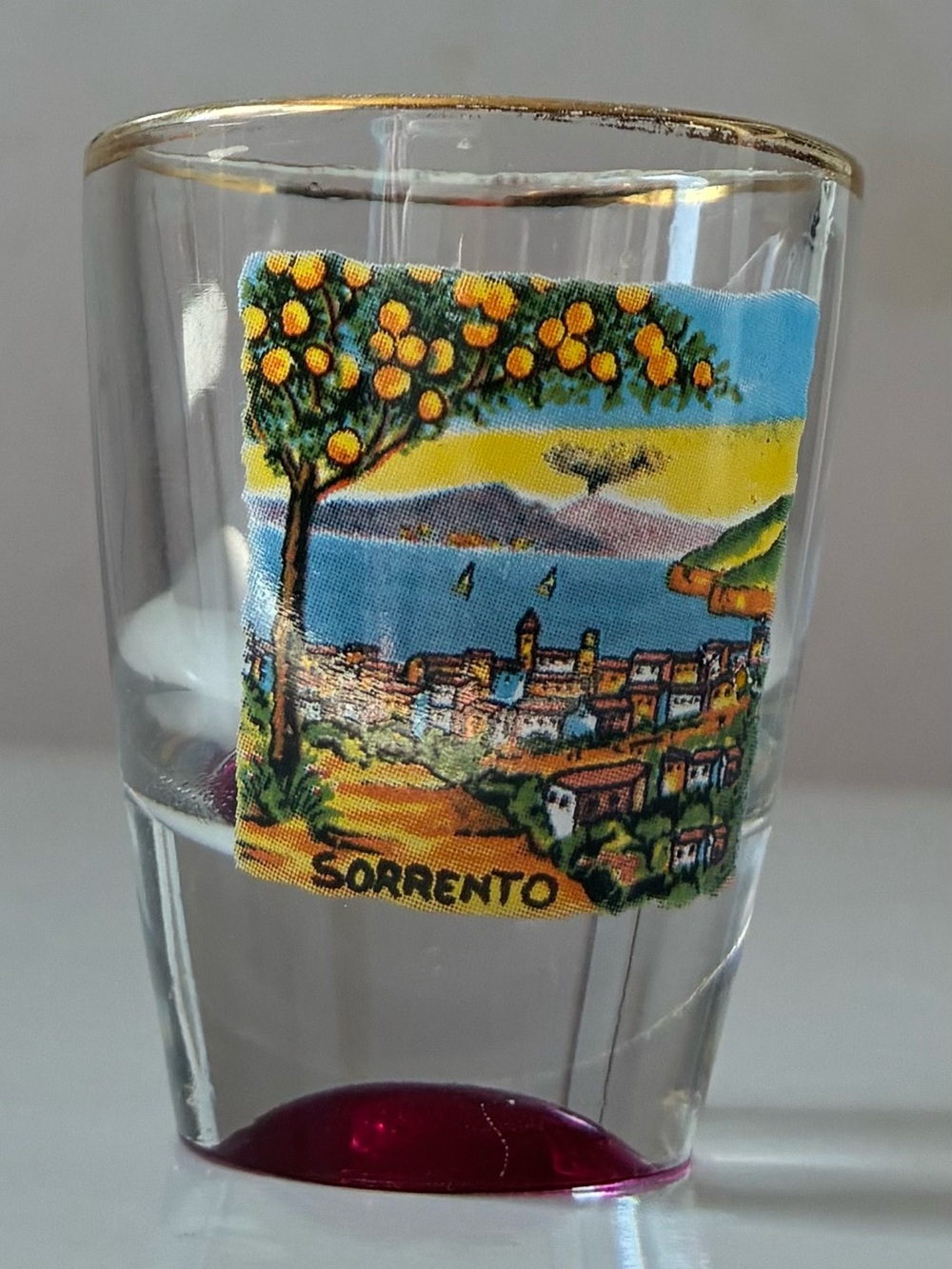 Vintage Souvenir Sorrento Italy Shot Glass With Magenta Pink and Gold Rim